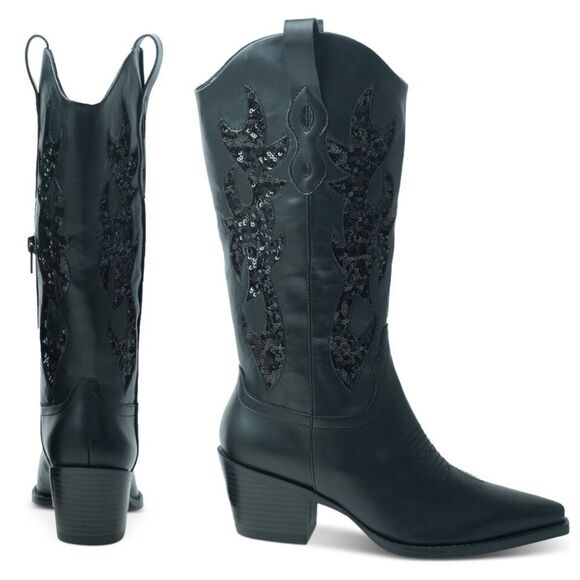 Wild Pair Shoes - Wild Pair Black Cowboy Boots with Embellished Design